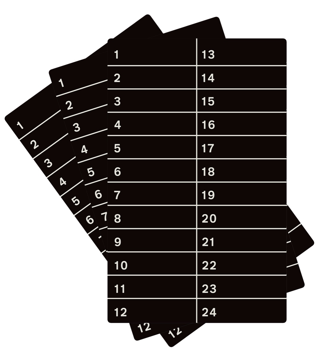Three black anodized stainless steel plates fanned out, each with 24 numbered rows.