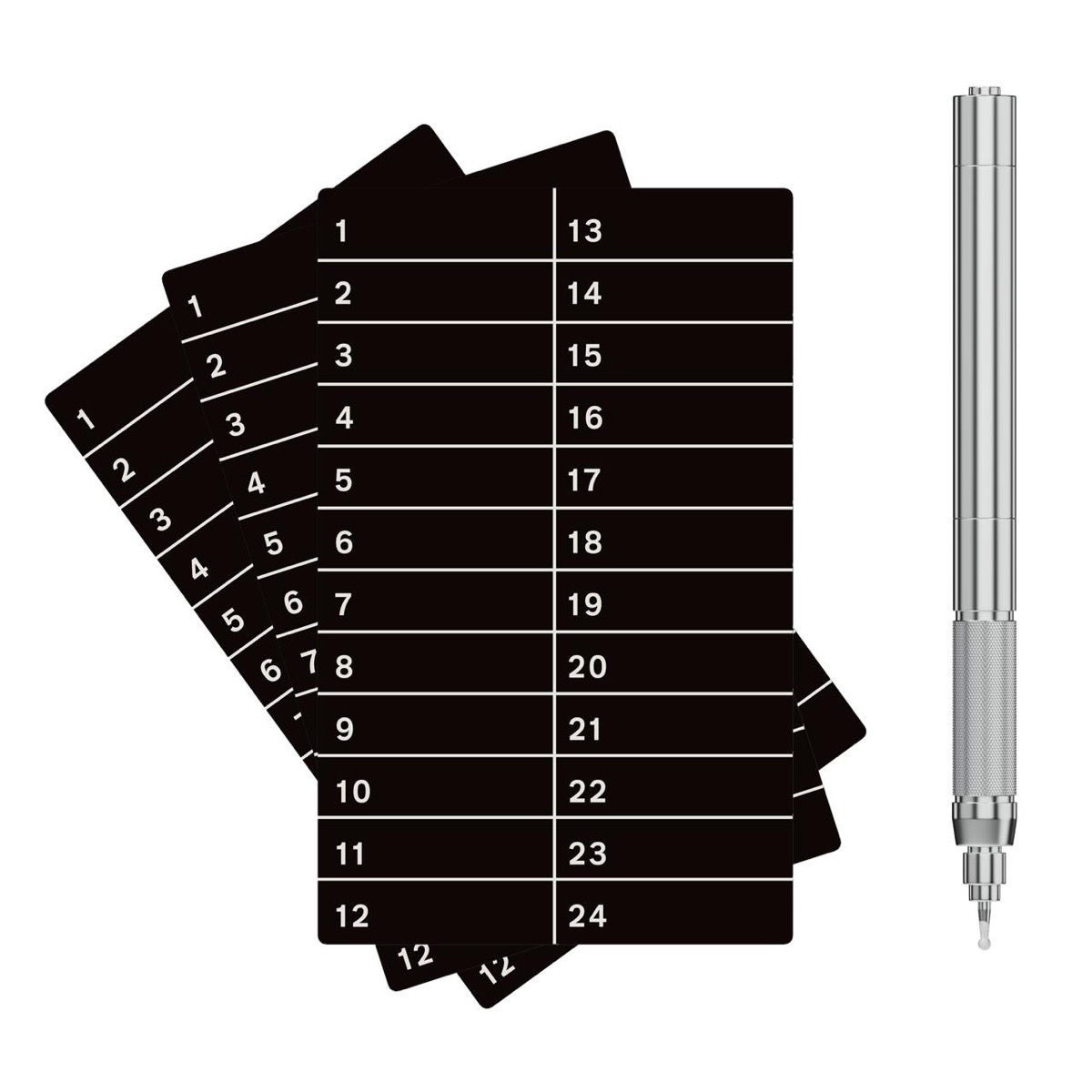 Three black anodized stainless steel plates numbered 1–24, next to a cylindrical electric engraving pen.